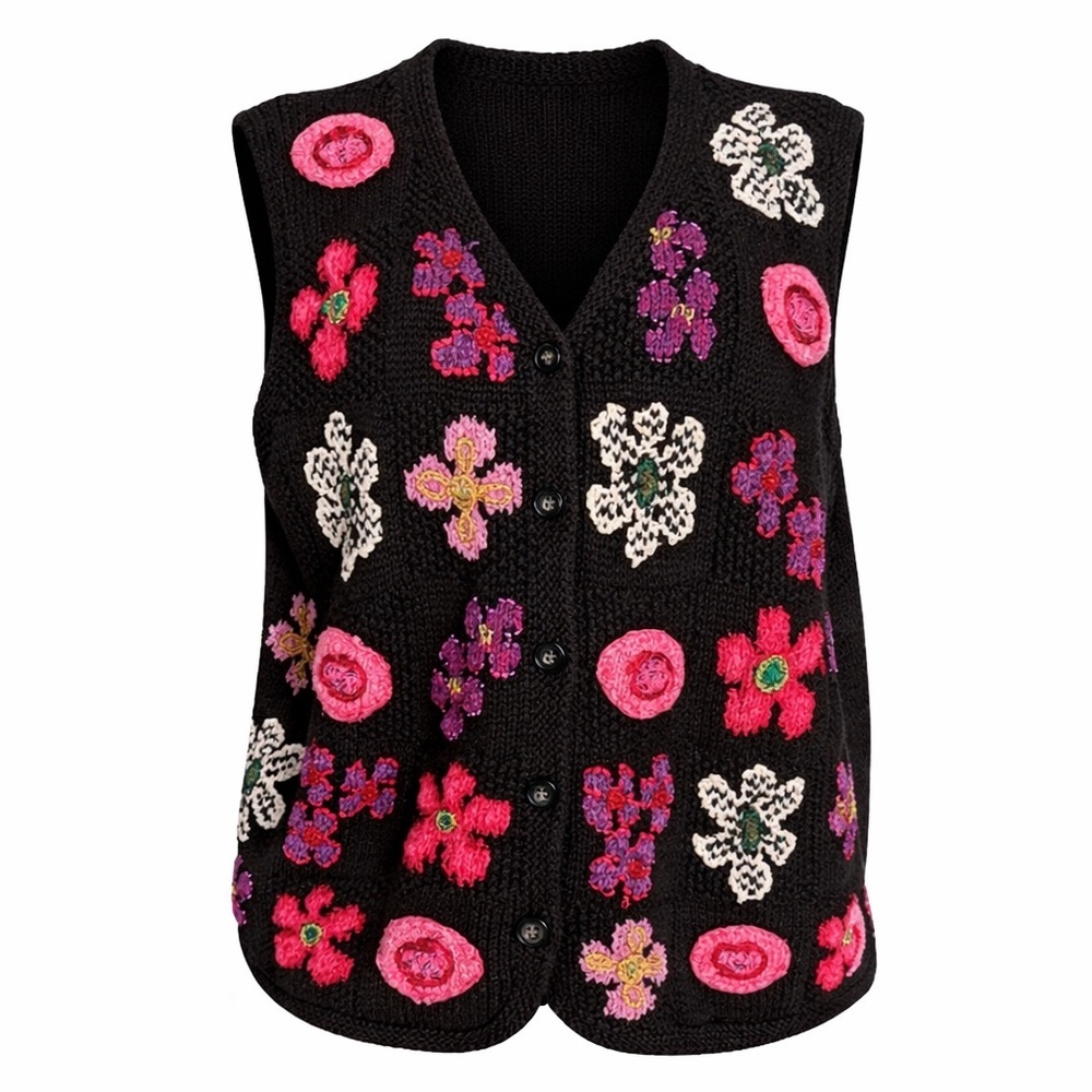 Y2K Cottagecore Floral hand Embroidered Sweater Vest - Black Pink XL